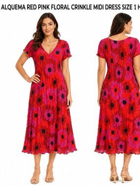 ALQUEMA RED PINK FLORAL CRINKLE MIDI DRESS SIZE 1 HIGH STRETCH / US Size 6-8